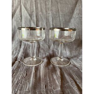 Pair Of Vintage Stemmed Cocktail Champagne Dessert Silver Rim Glasses 4.5" Tall